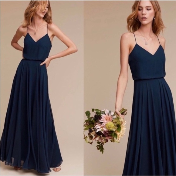 NWT Jenny Yoo‎ Inesse Chiffon V Neck Maxi Dress in Navy Blue Size 2 - Picture 1 of 12